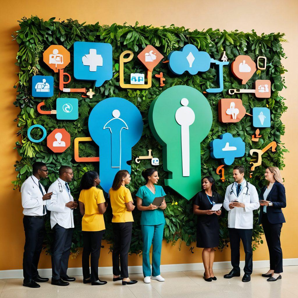 A diverse group of people, including different ages and ethnicities, gathered around a large key symbolizing 'unlocking' healthcare options. They are engaged in a lively conversation, with bright visuals of affordable healthcare options such as medicine, doctors, and telehealth on the background wall. The scene is set in a modern healthcare clinic filled with greenery and technology, emphasizing accessibility. vibrant colors. 3D.