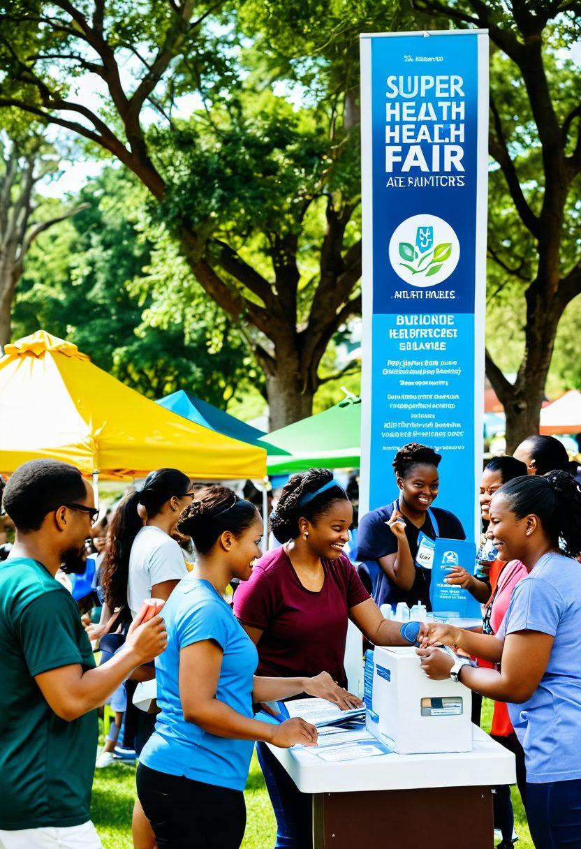 A diverse group of people engaging in a community health fair, showcasing interactive booths offering low-cost healthcare services and wellness activities. Include vibrant banners and smiling faces, with a backdrop of a sunny park filled with greenery. Highlight elements like health screenings, nutrition workshops, and fitness classes. Capture the essence of collaboration, inclusivity, and community spirit. vibrant colors. super-realistic.