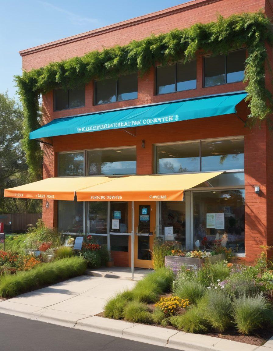 A vibrant community health center bustling with diverse individuals of all ages, engaging in affordable wellness services like yoga classes and health workshops. Include cheerful interactions between healthcare professionals and community members, with colorful banners emphasizing 'Affordable Care'. Surrounding the center, lush greenery and sunny skies create an inviting atmosphere. super-realistic. vibrant colors. community-focused.